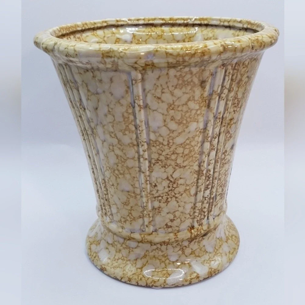 Vintage Mottled Glaze Ceramic‎ Vase Planter Ribbed Fluted Base